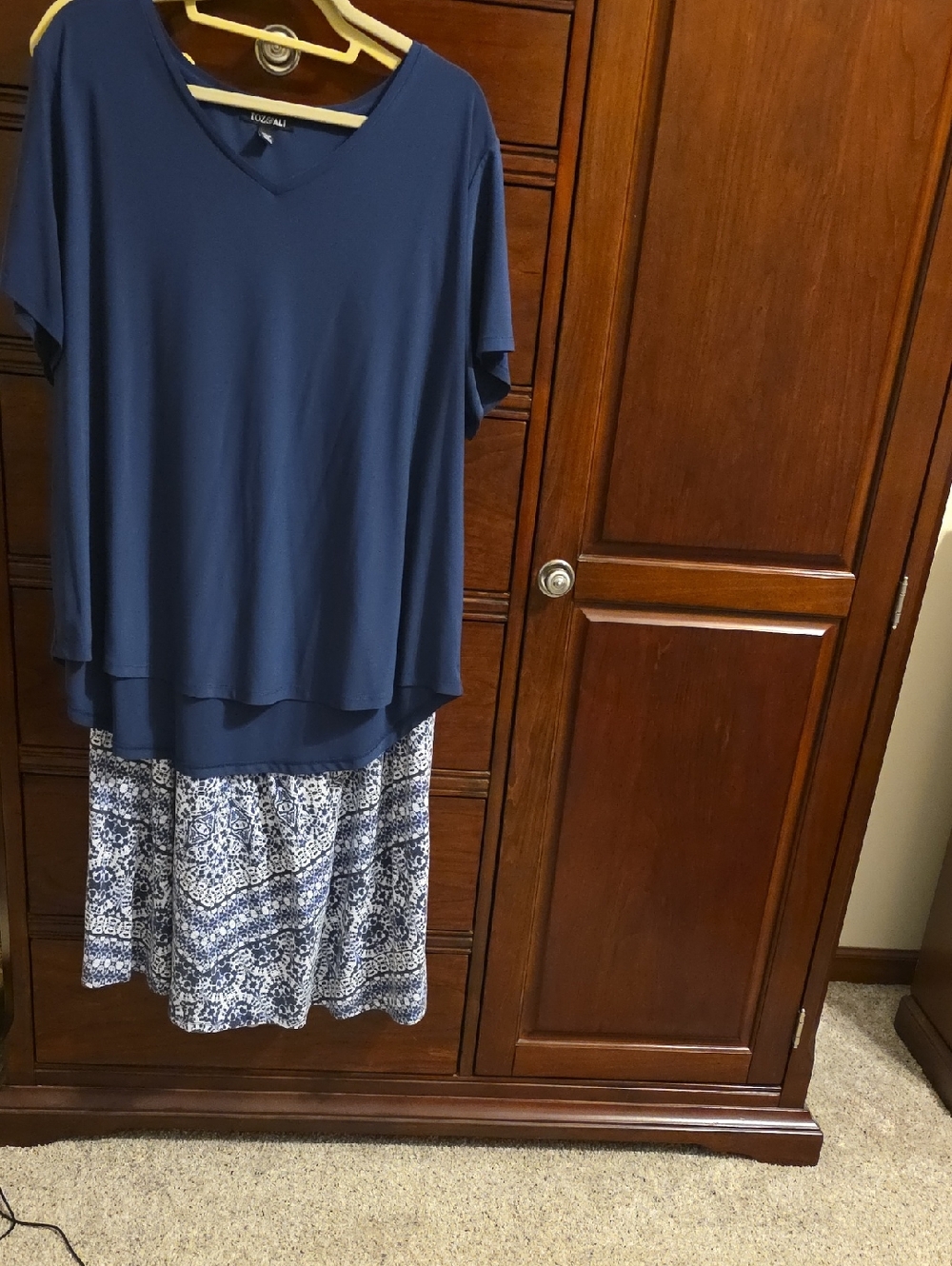 Roz & Ali Navy Layered V-Neck Tunic with Printed Skirt Panel